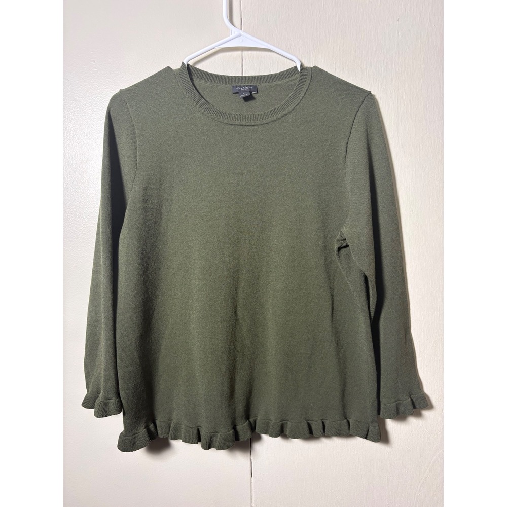 Ann Taylor Factory Olive Green Ruffle Hem Crew Neck Sweater Womens Large L